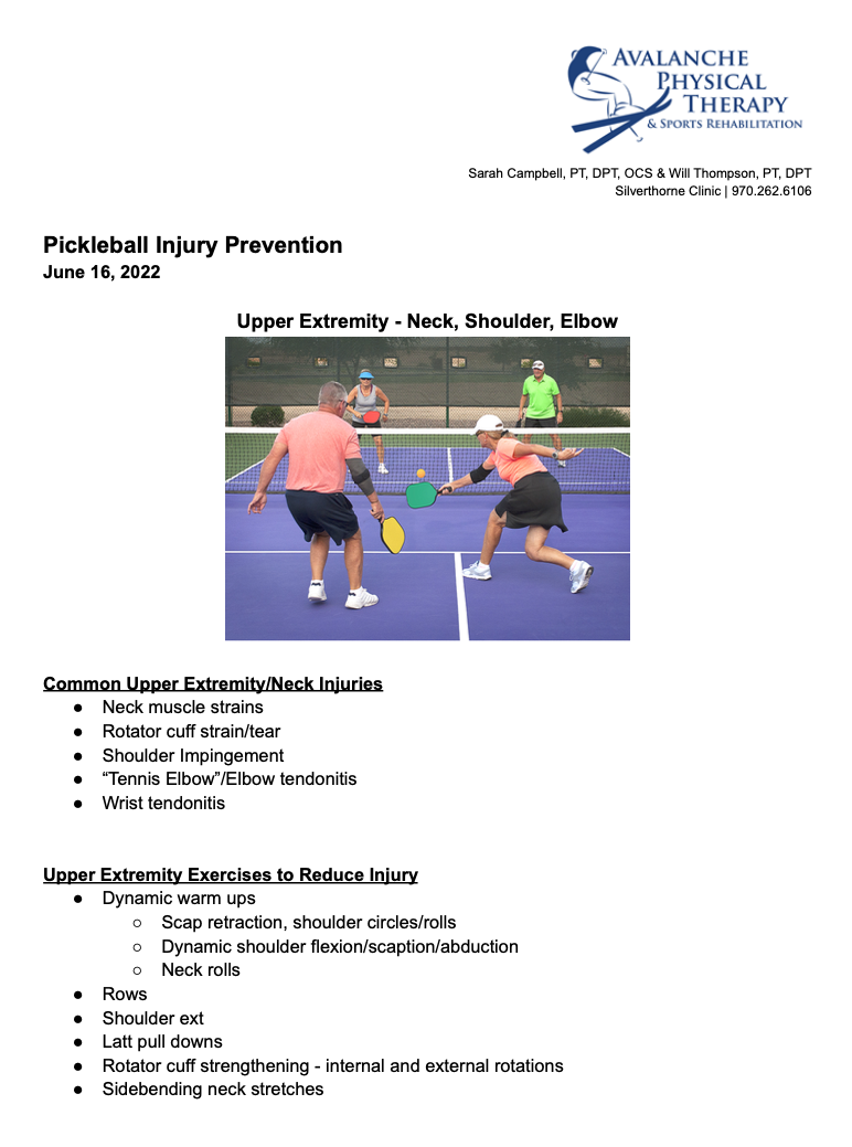 Avalanche Physical Therapy Presents “Preventing Pickleball Injuries